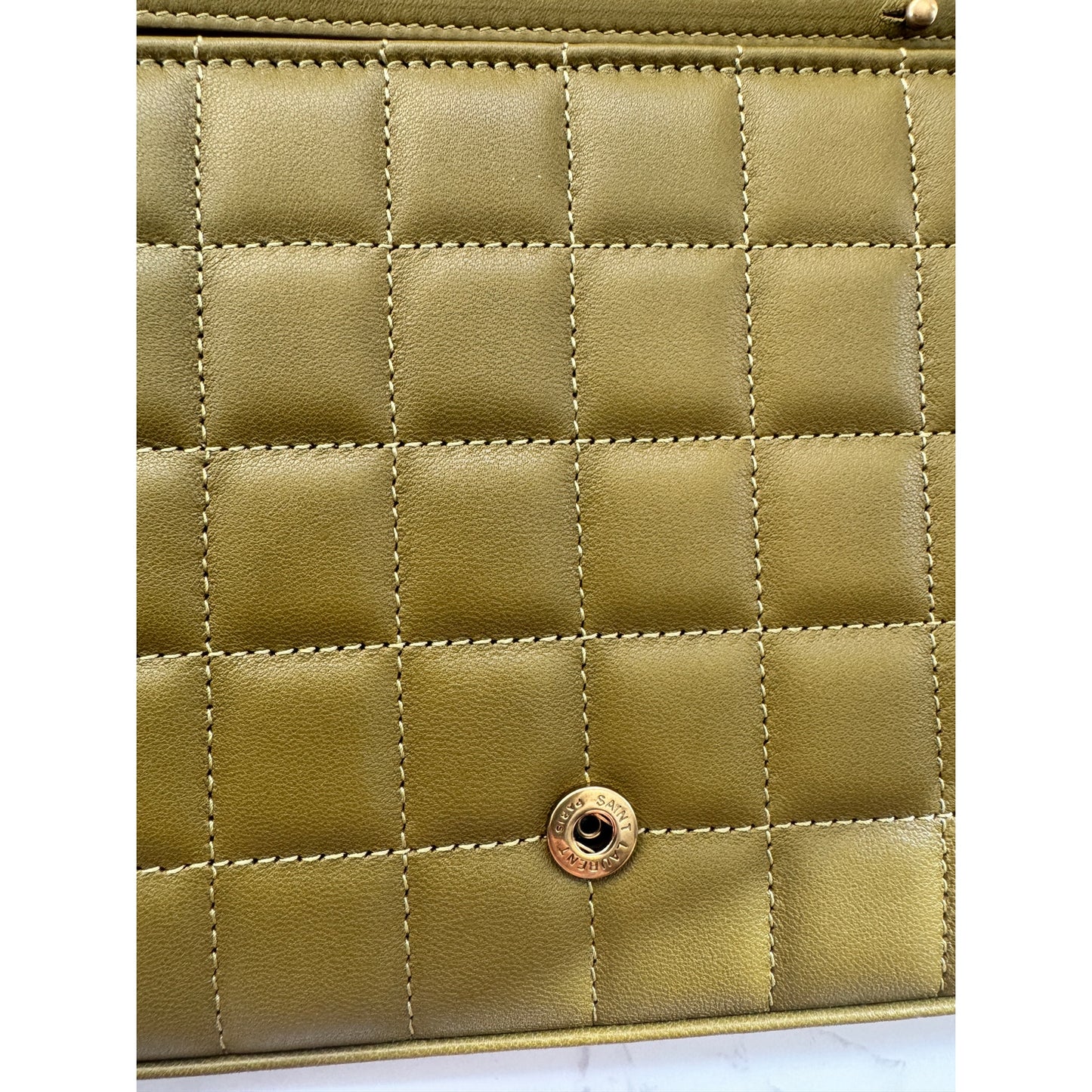 YSL Quilted Carre Cassandre Chain Wallet in Olive Green