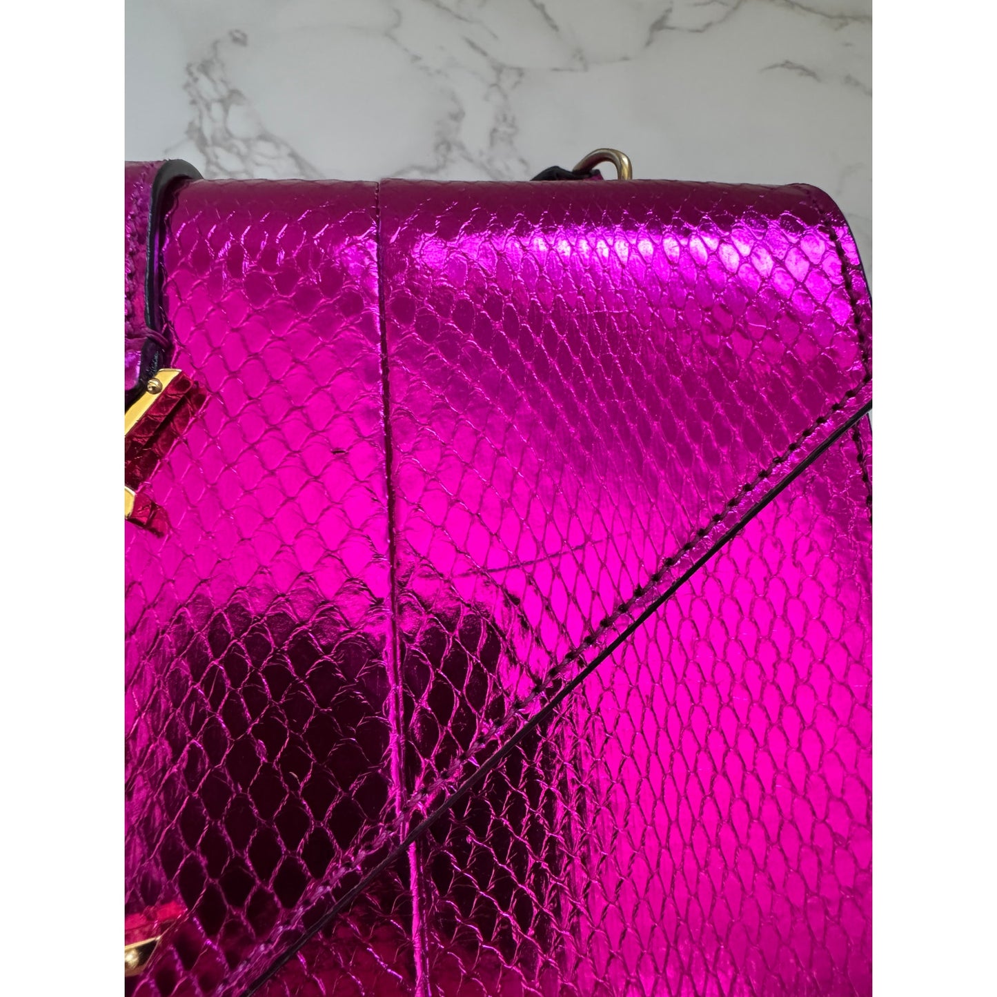 YSL Metallic Small Kate Snakeskin Fuchsia Pink Chain Crossbody, Rare!