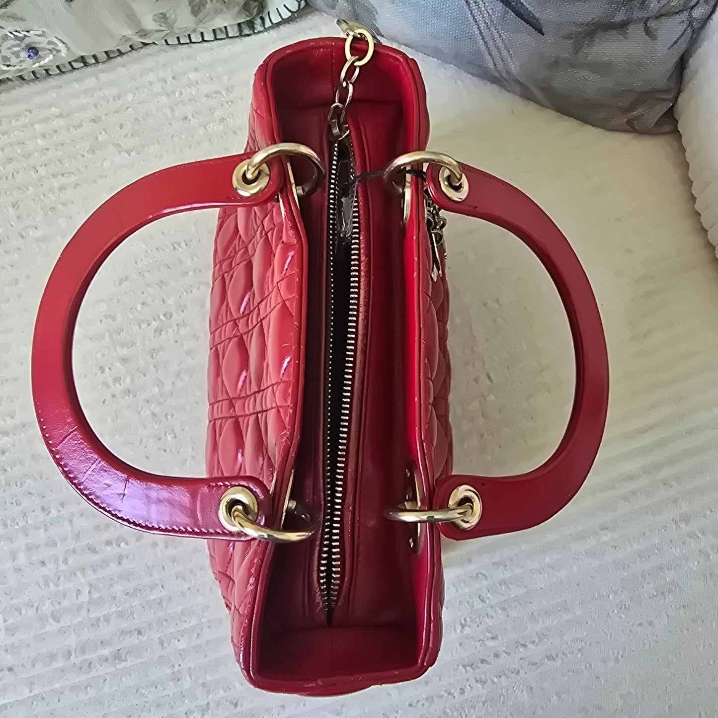 Christian Dior Lady Dior Red Quilted Lambskin Cannage Leather with Gold Hardware