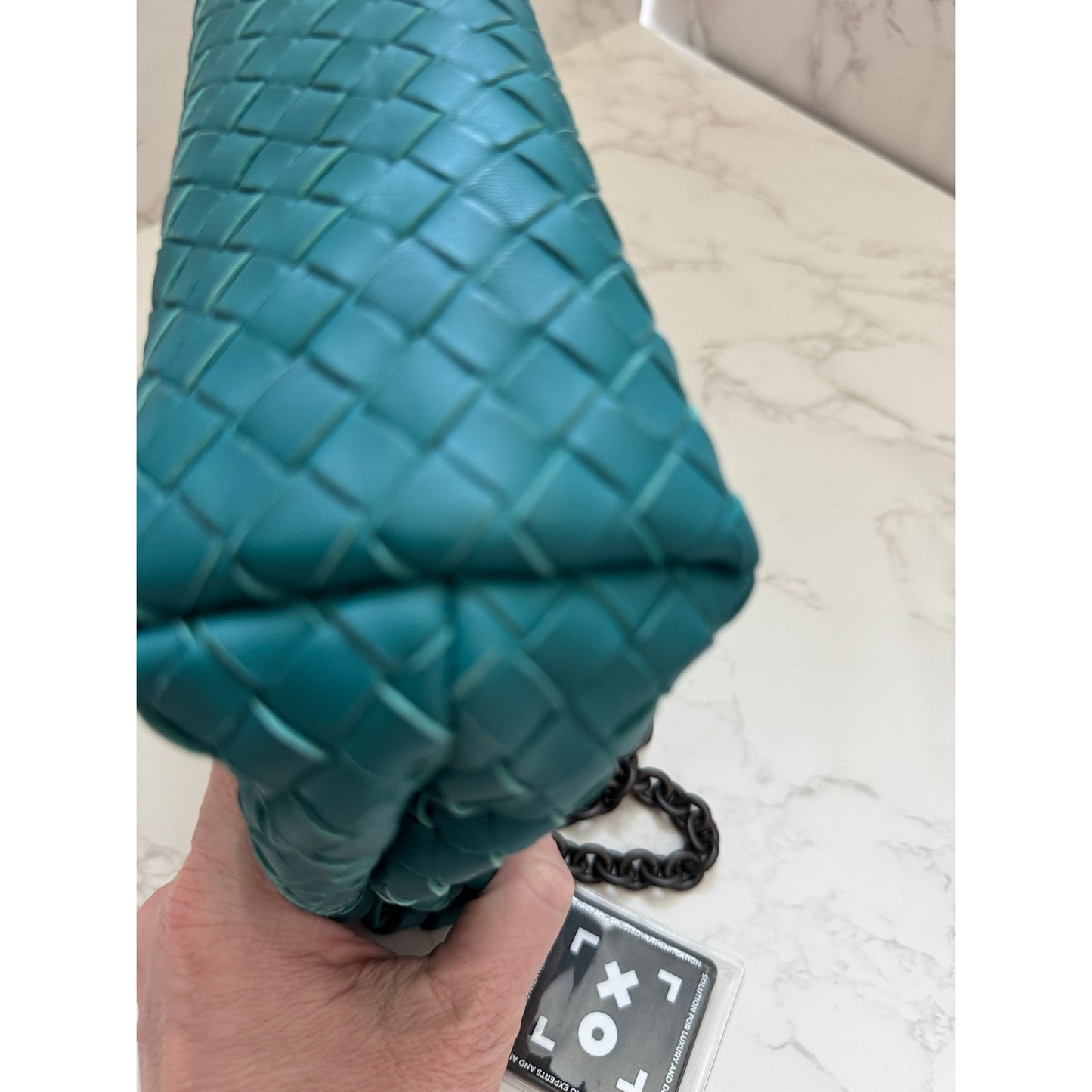 Bottega Veneta Intrecciato Olimpia Shoulder Bag in Teal Blue