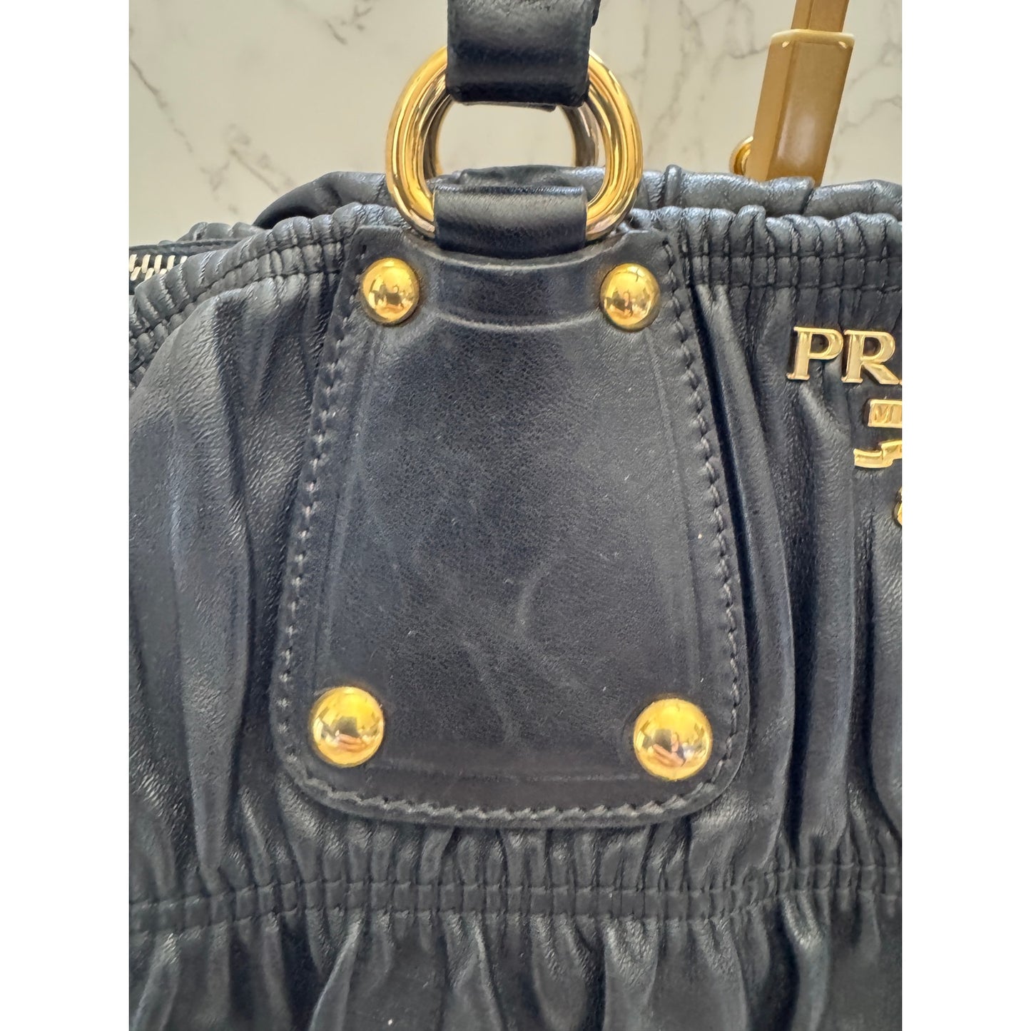 Prada Black Nappa Gaufre Ruched Leather Bag with GHW