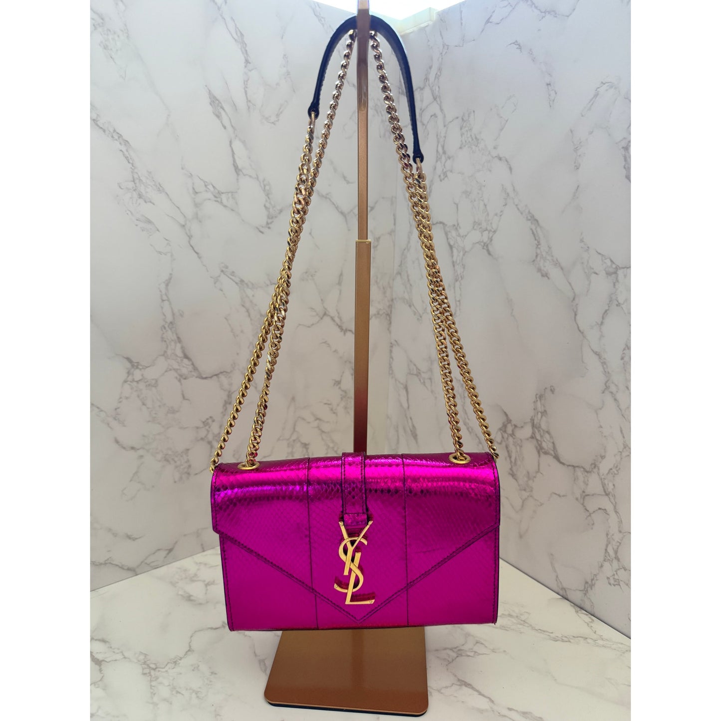 YSL Metallic Small Kate Snakeskin Fuchsia Pink Chain Crossbody, Rare!