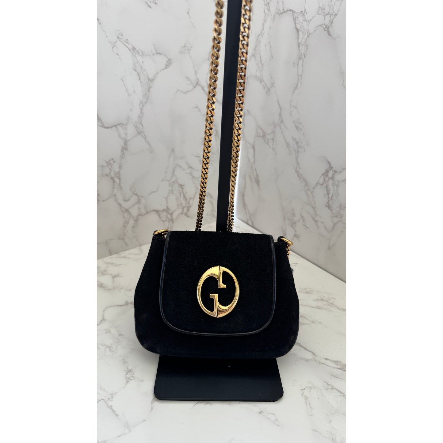 Gucci 1973 Small Chain Shoulder Bag in Black Suede