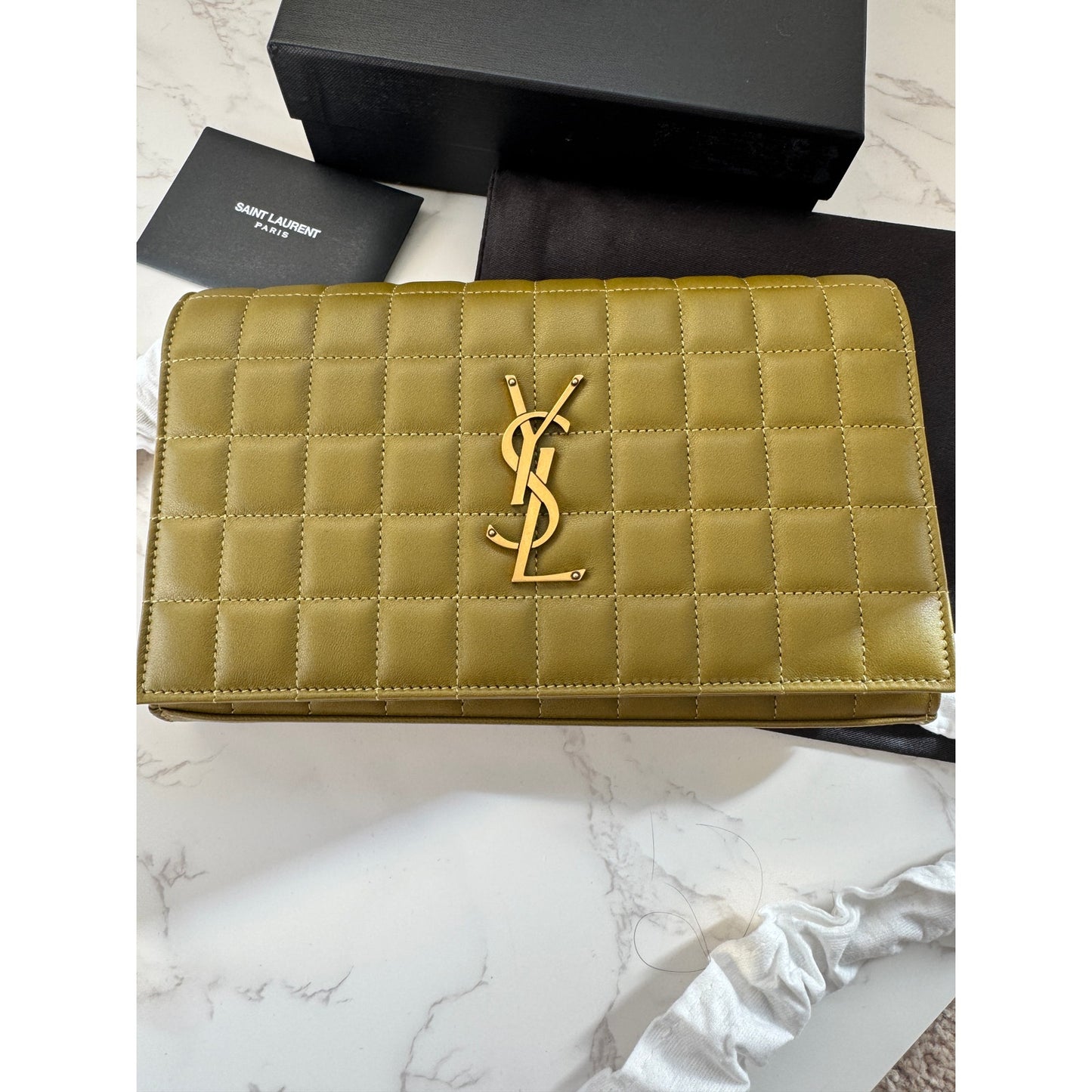 YSL Quilted Carre Cassandre Chain Wallet in Olive Green