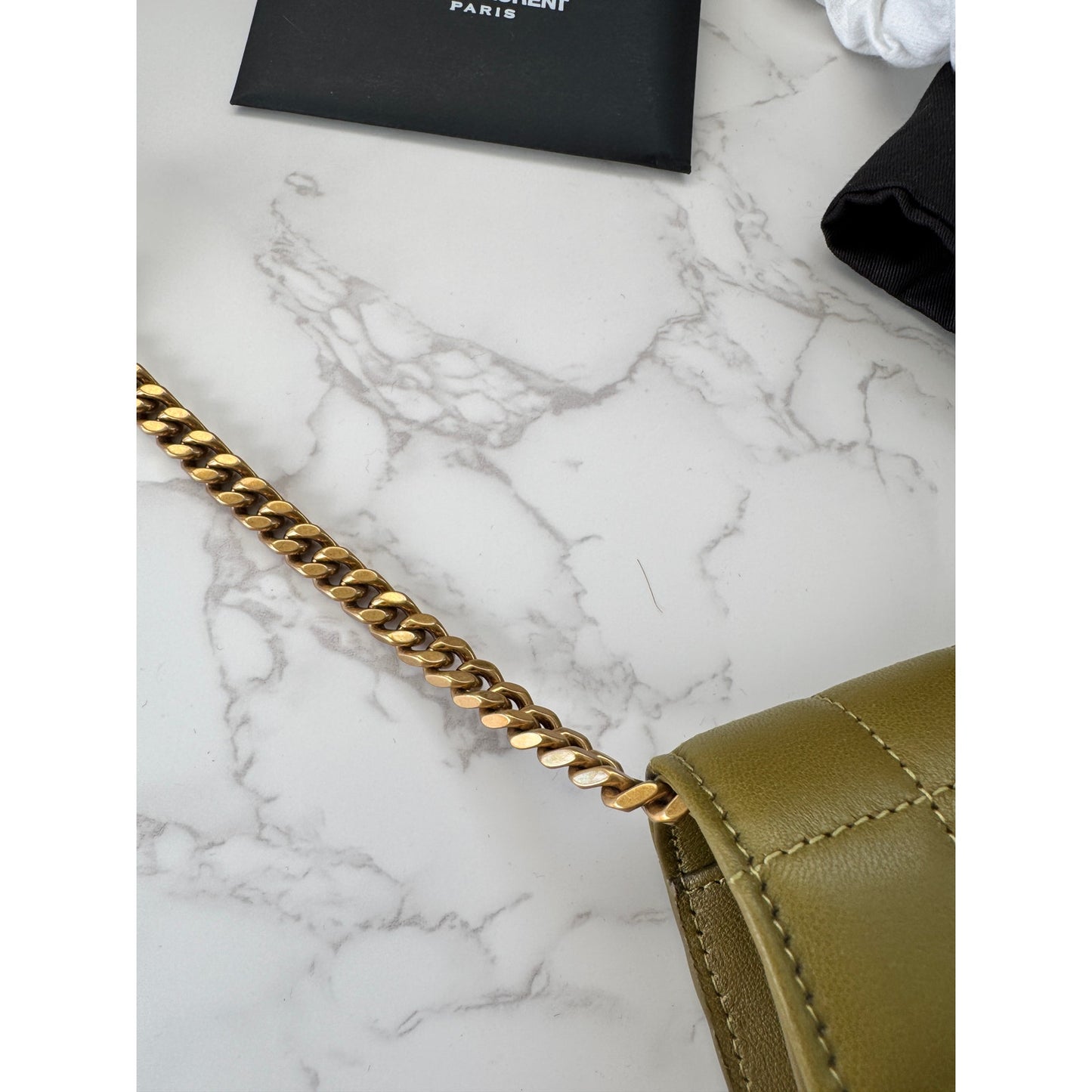 YSL Quilted Carre Cassandre Chain Wallet in Olive Green