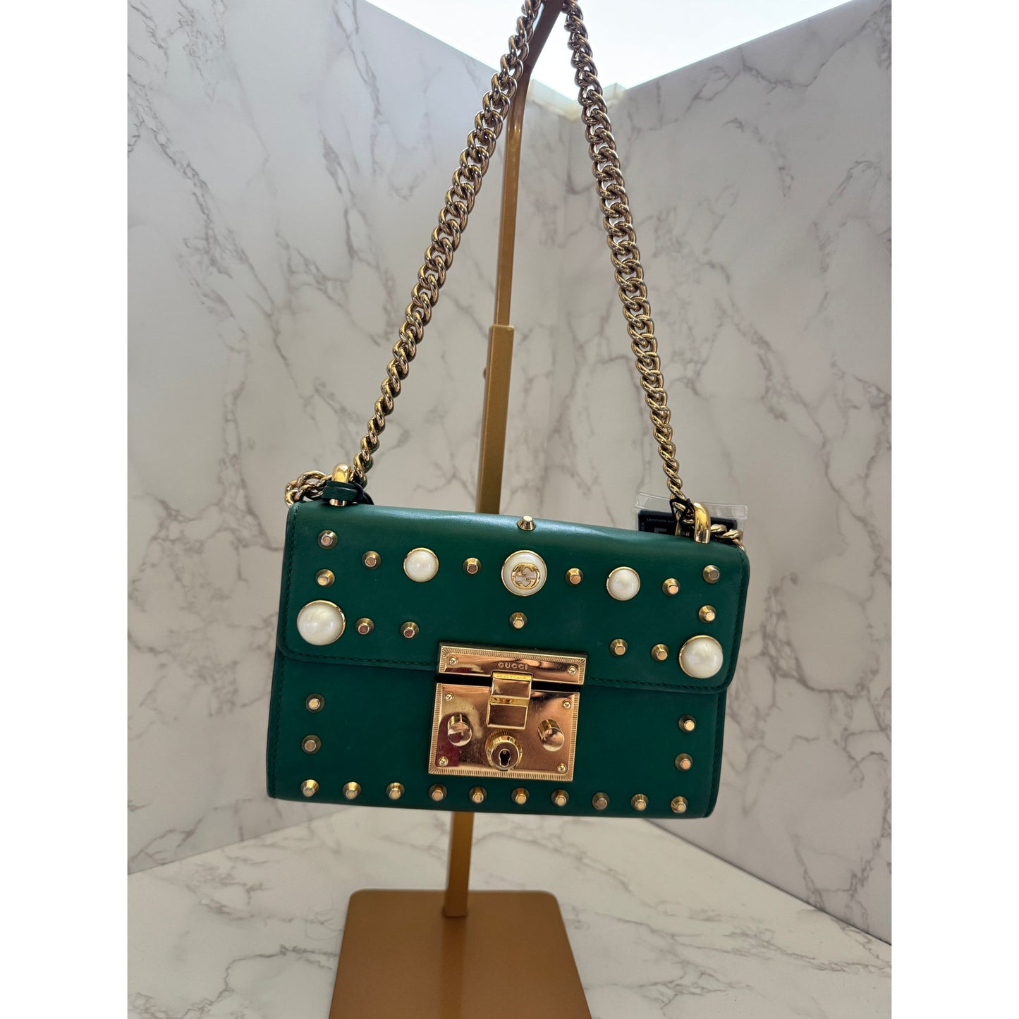 Gucci Green Pearl Studded Padlock Bag in Calfskin Leather