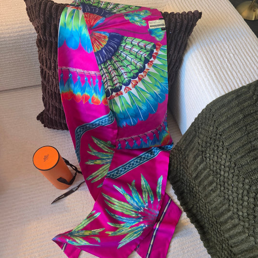 Hermes Brazil Maxi Twilly Silk Scarf NWT Fuchsia Feather Original Run