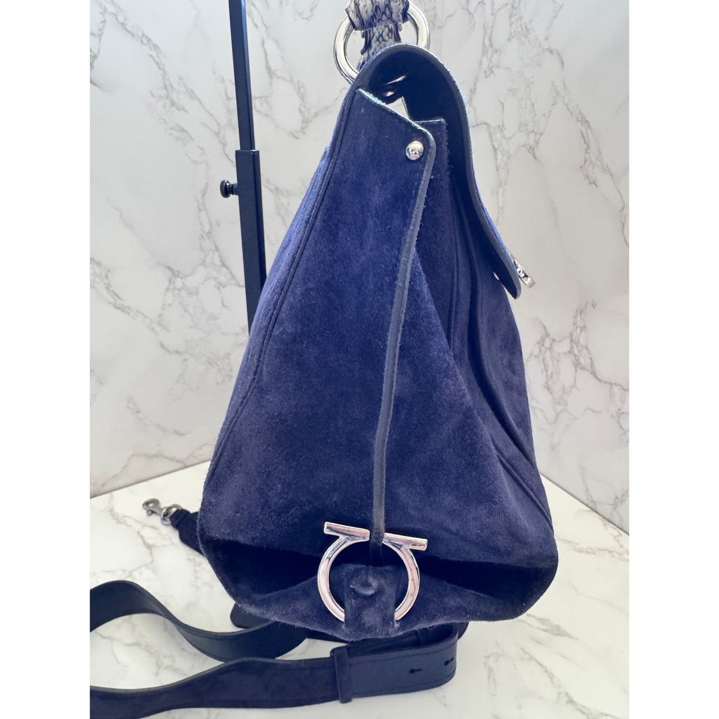 Salvatore Ferragamo Blue Suede and Exotic Python Top Handle Sophia Bag