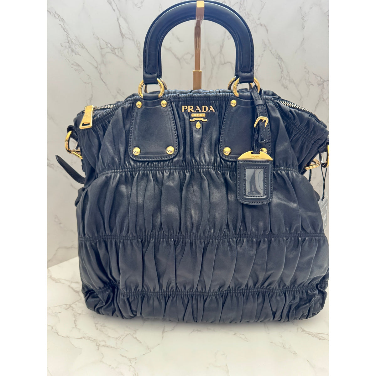 Prada Black Nappa Gaufre Ruched Leather Bag with GHW