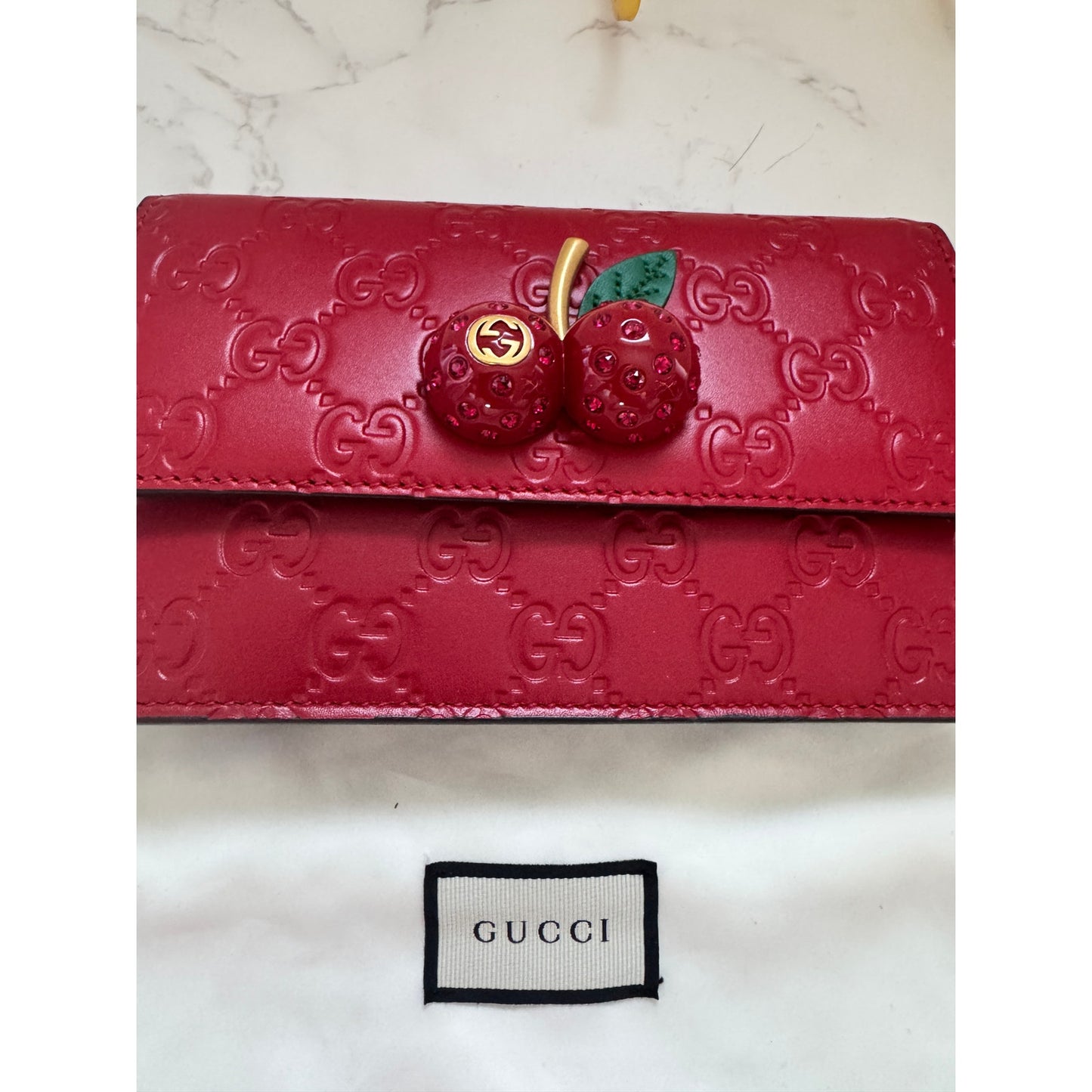 Gucci Guccissima Leather Mini Cherry Chain Shoulder Bag in Red