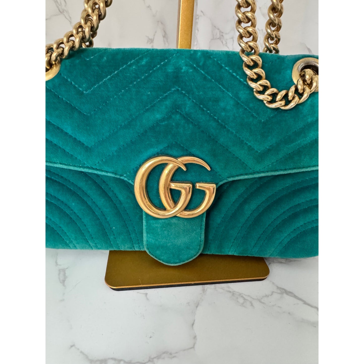 Gucci GG Marmont Velvet Shoulder Bag in a Gorgeous Green Teal Colorway