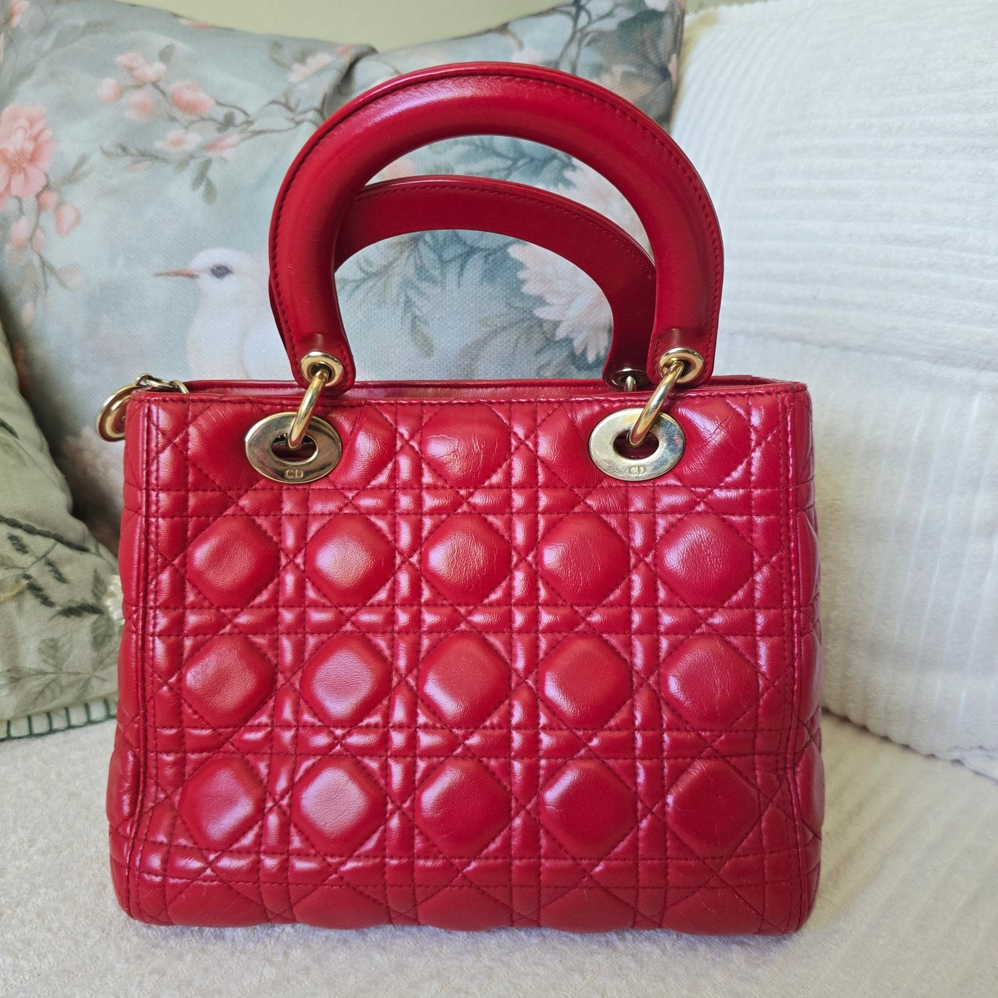 Christian Dior Lady Dior Red Quilted Lambskin Cannage Leather with Gold Hardware