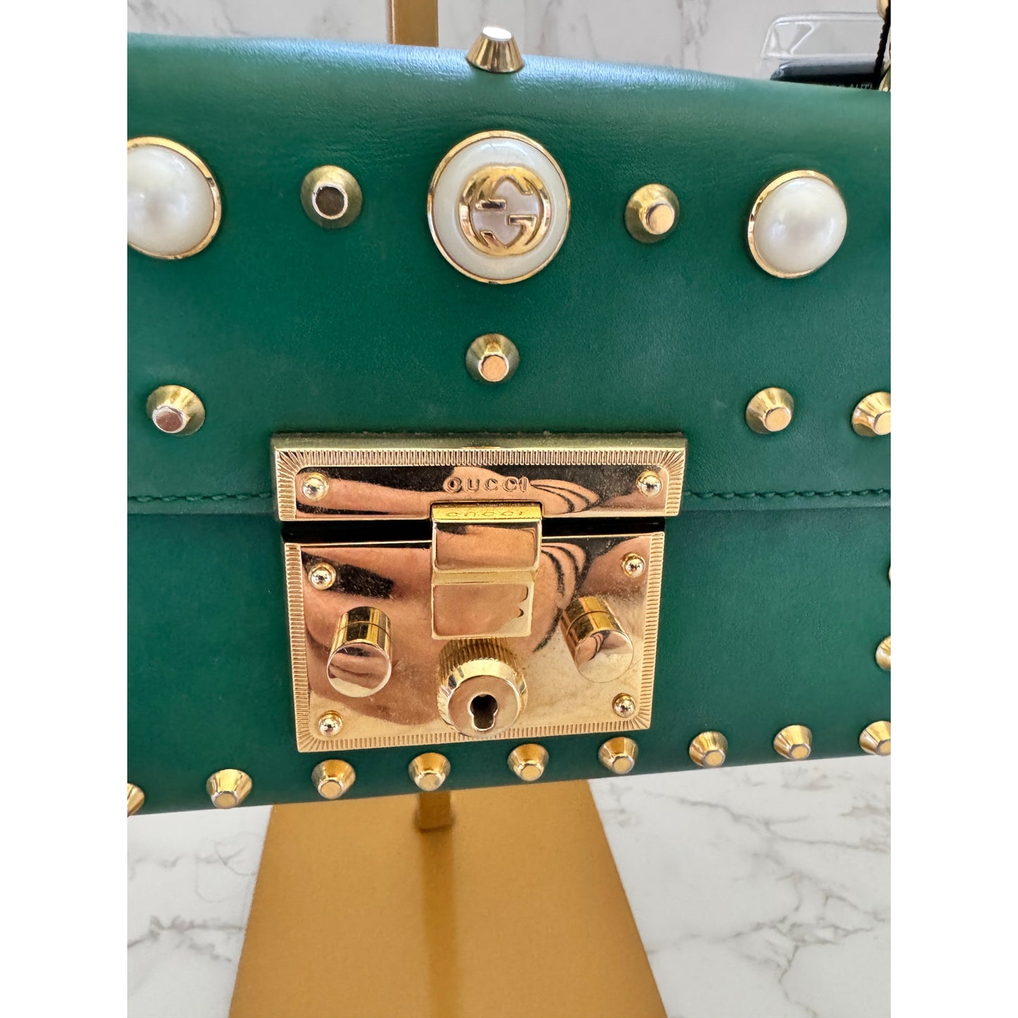 Gucci Green Pearl Studded Padlock Bag in Calfskin Leather