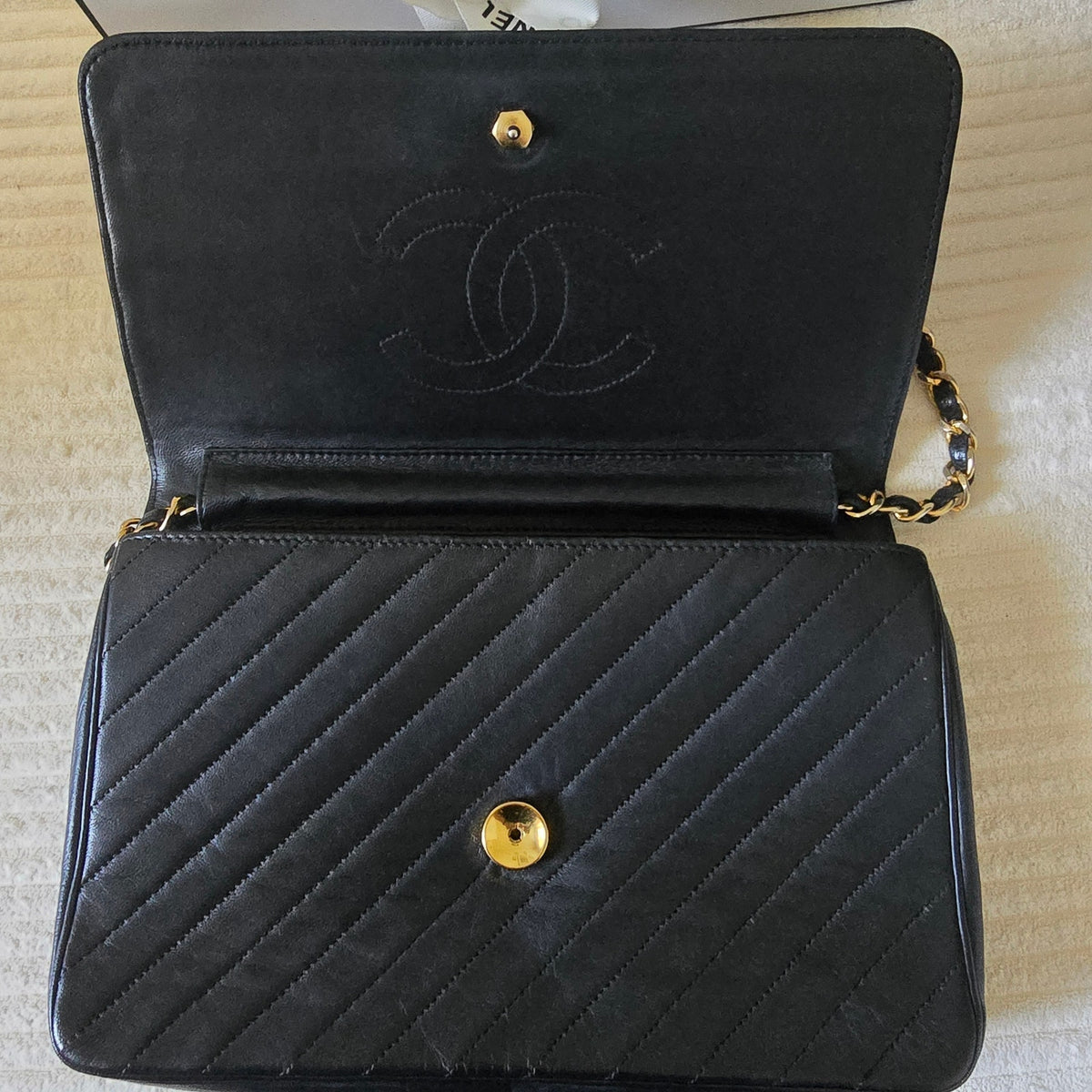CHANEL Vintage Black Lambskin Diagonal Stitch Chain Flap Bag GHW