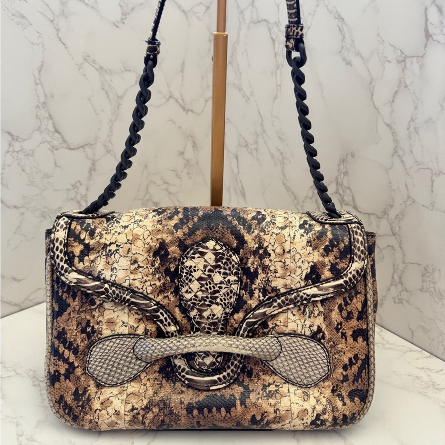 Bottega Veneta Snake Leather Shoulder Bag in Brown and Tan