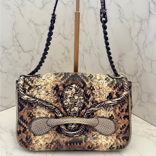 Bottega Veneta Snake Leather Shoulder Bag in Brown and Tan