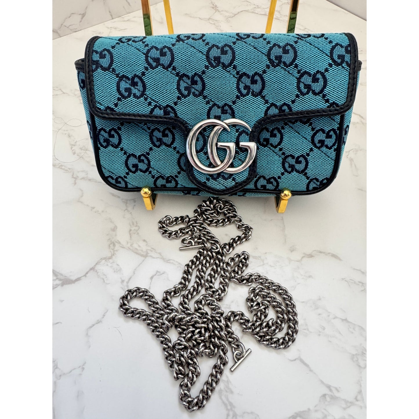 Gucci GG Marmont Super Mini Blue Chain Bag