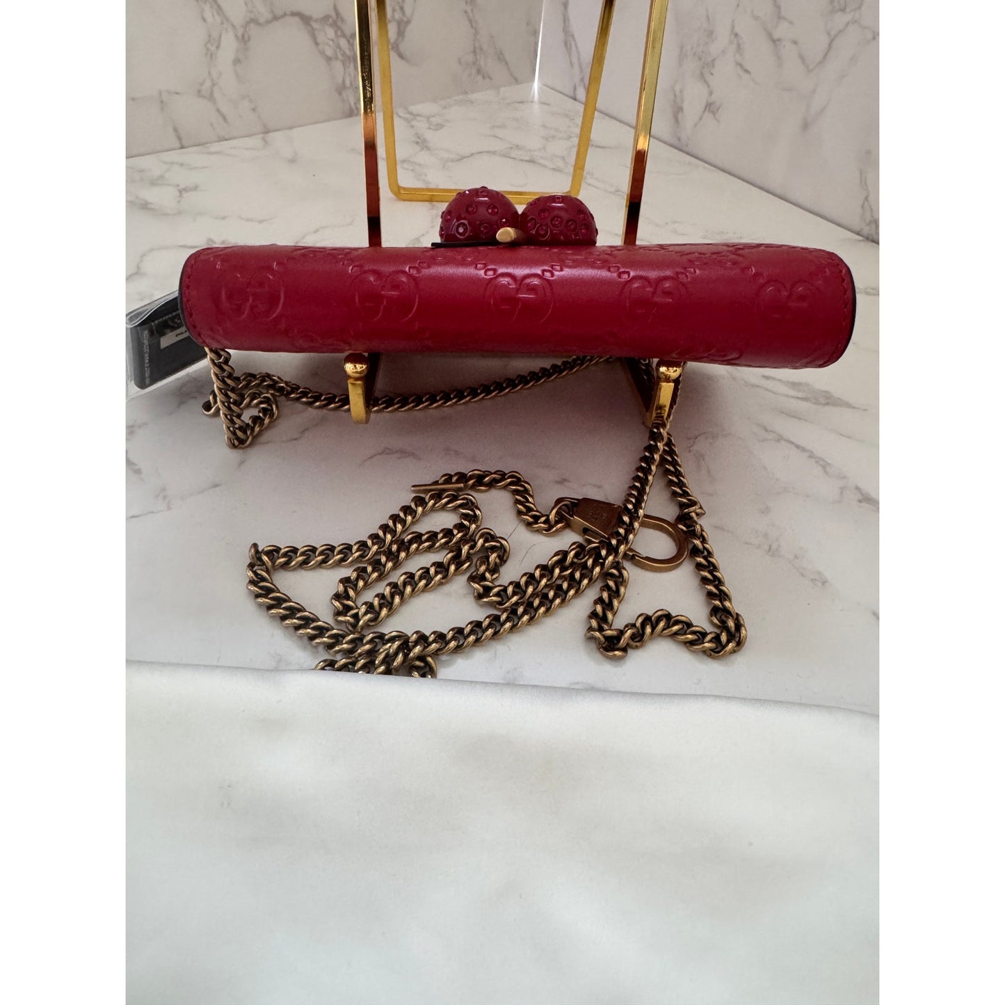 Gucci Guccissima Leather Mini Cherry Chain Shoulder Bag in Red
