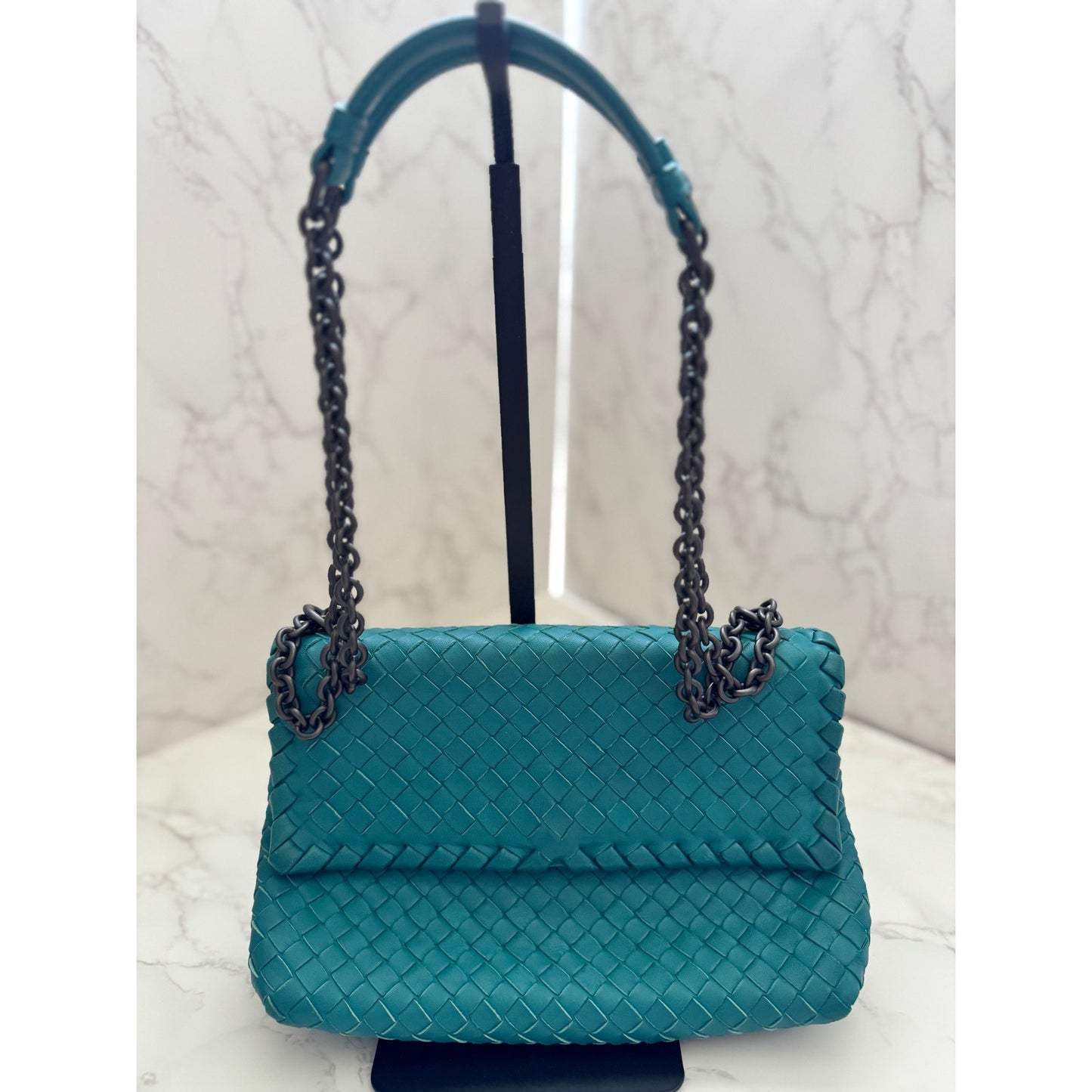 Bottega Veneta Intrecciato Olimpia Shoulder Bag in Teal Blue