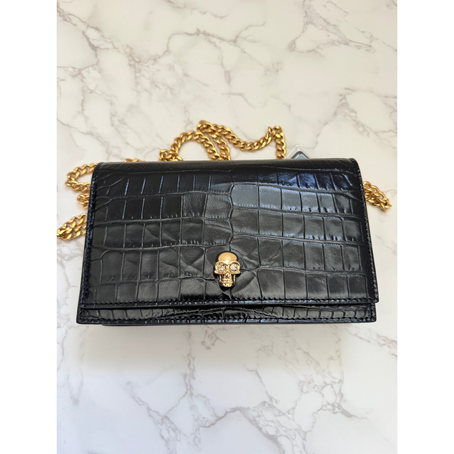 Alexander MCQueen Small Black Croc Embossed Leather Bag