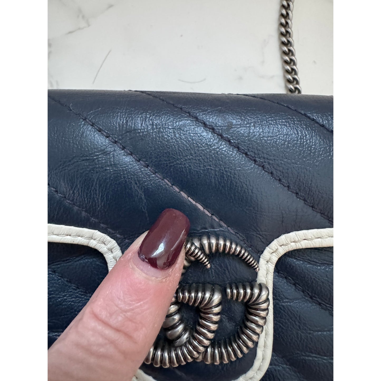 Gucci GG Marmont Torchon Super Mini in NavyWith White Piping