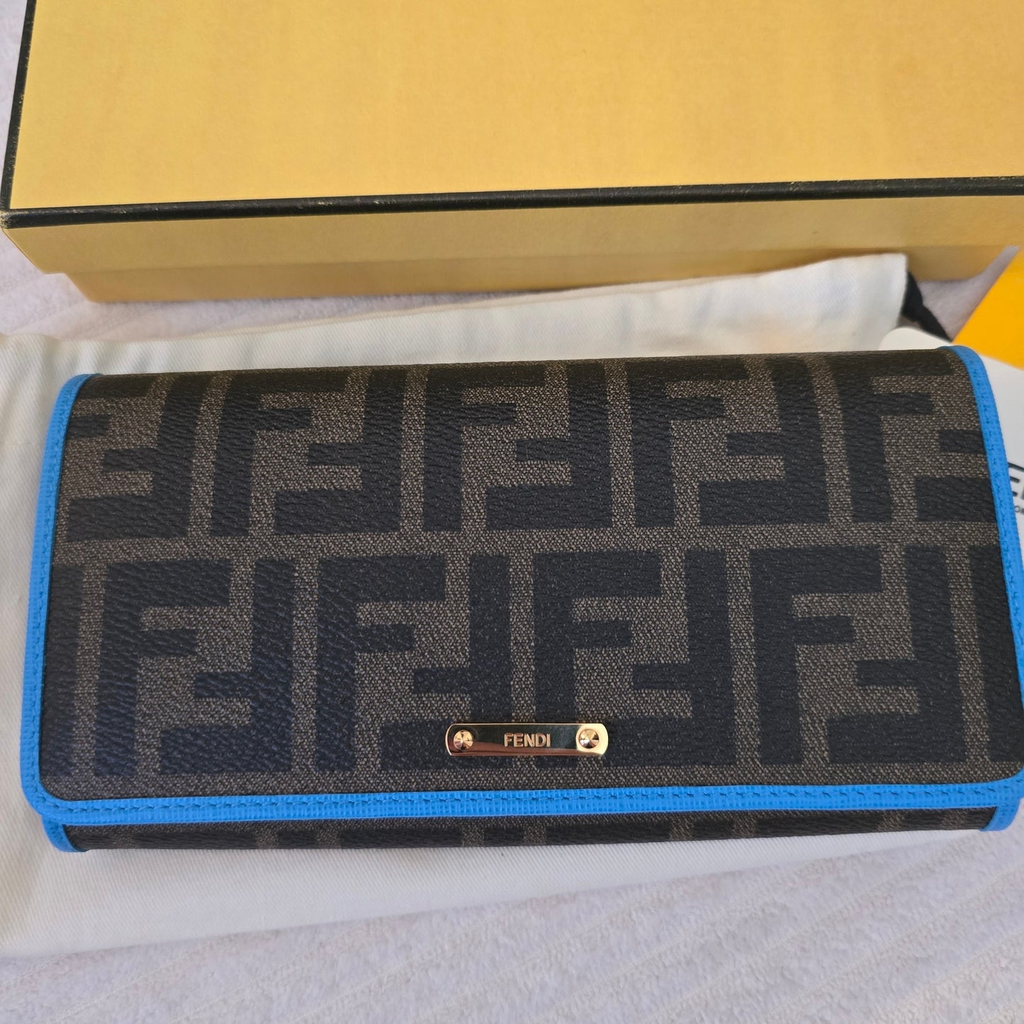 Fendi Zucca FF Monogram Continental Long Wallet Blue Leather Trim Box NWT