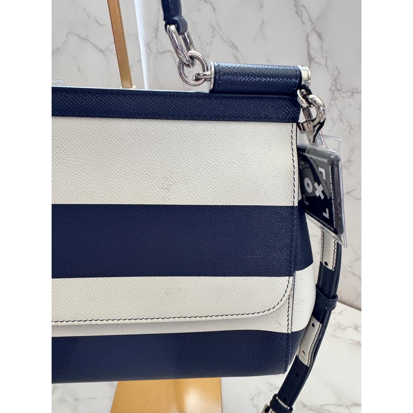Dolce & Gabbana Siciy Striped Dauphine Leather Bag -  Navy/White