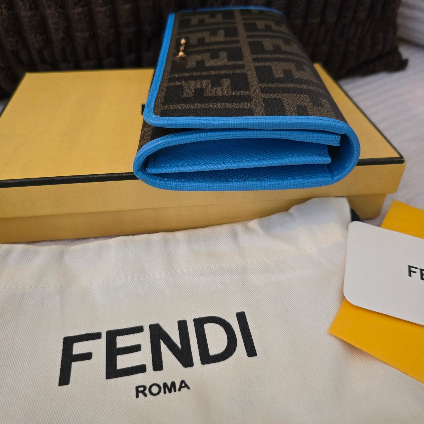 Fendi Zucca FF Monogram Continental Long Wallet Blue Leather Trim Box NWT