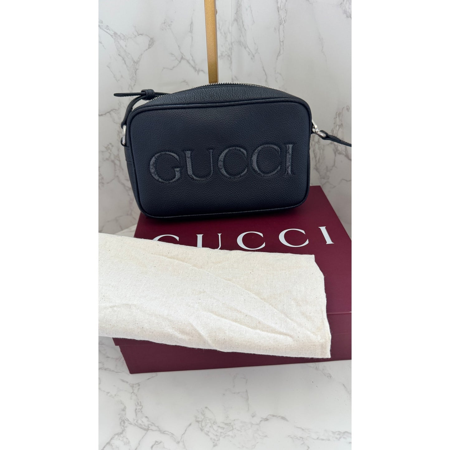 Gucci Black Leather Logo Shoulder Bag in Box!