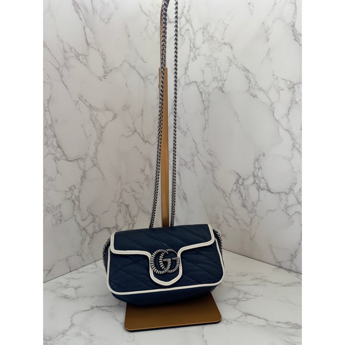 Gucci GG Marmont Torchon Super Mini in NavyWith White Piping
