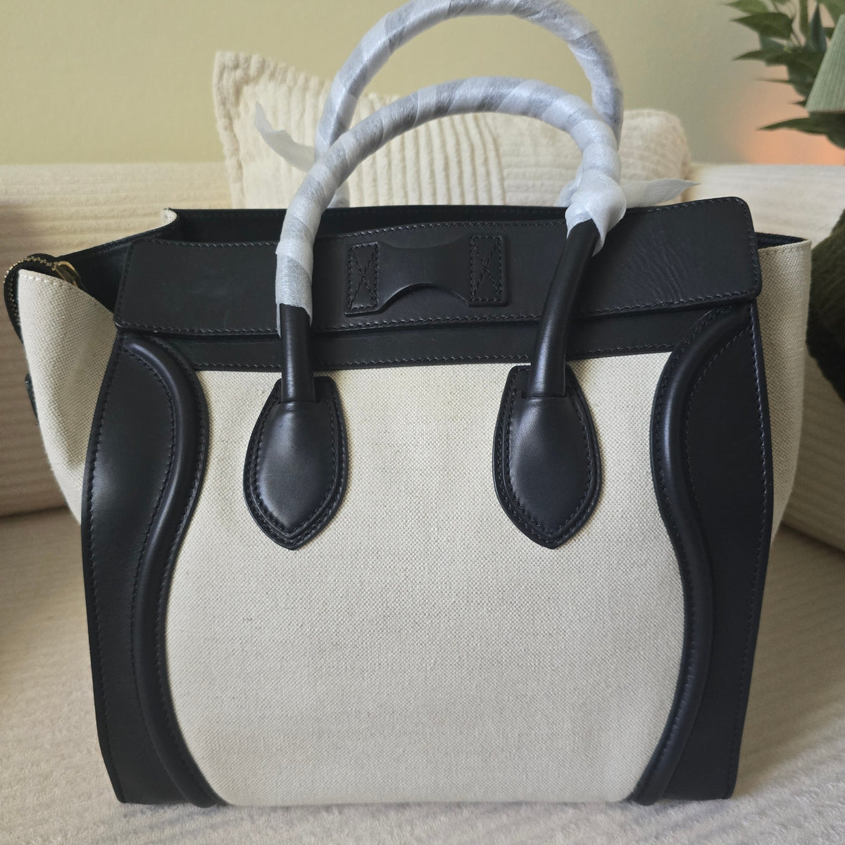 CELINE Mini Luggage Tote Canvas Black Leather Handbag