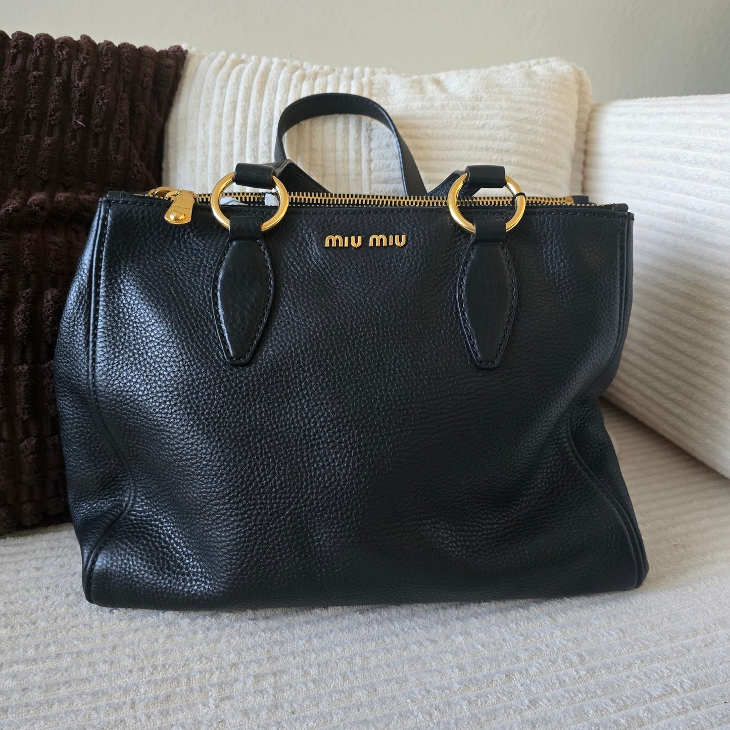 Miu Miu Black Vitello Caribu Leather Double Zip Large Tote Bag Gold