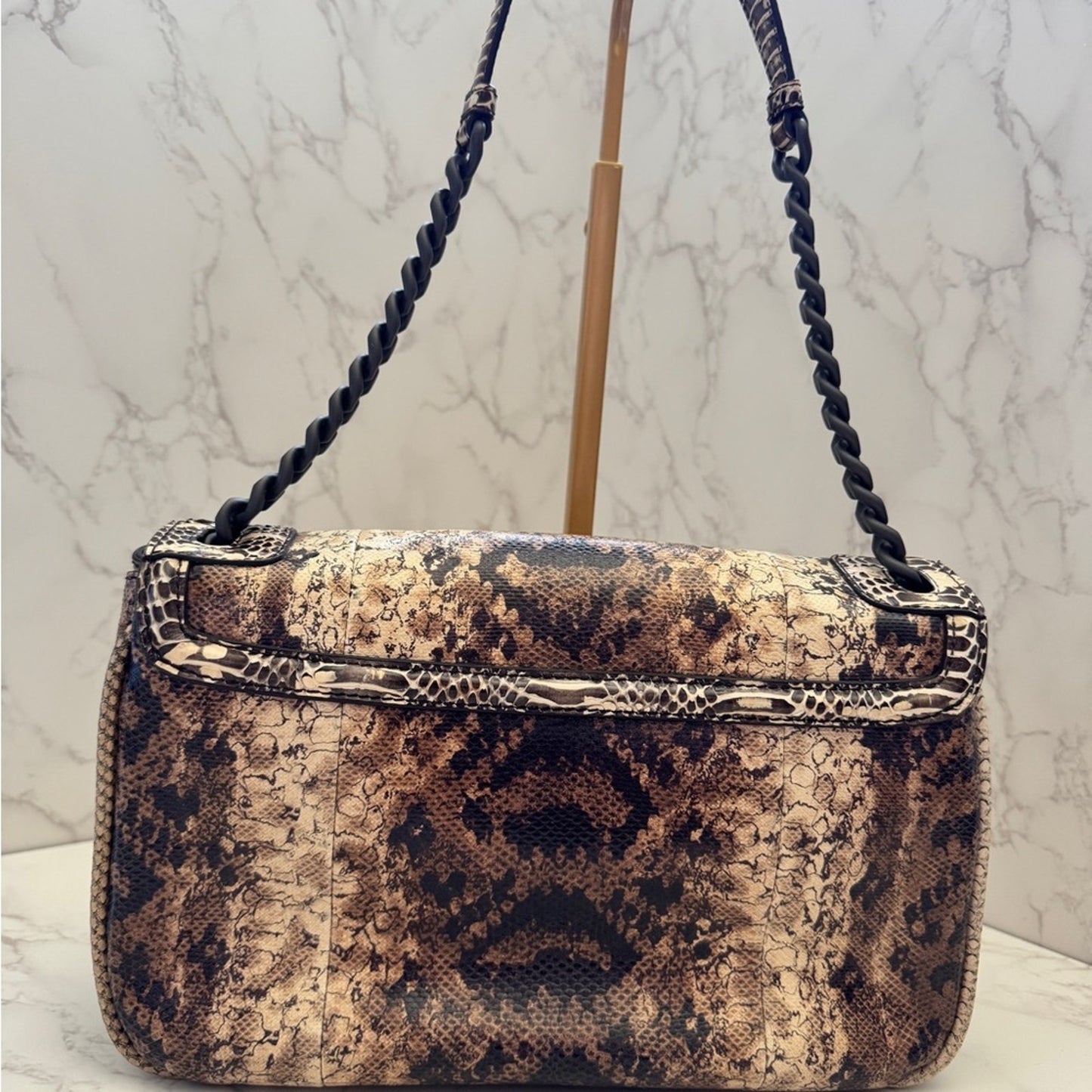 Bottega Veneta Snake Leather Shoulder Bag in Brown and Tan