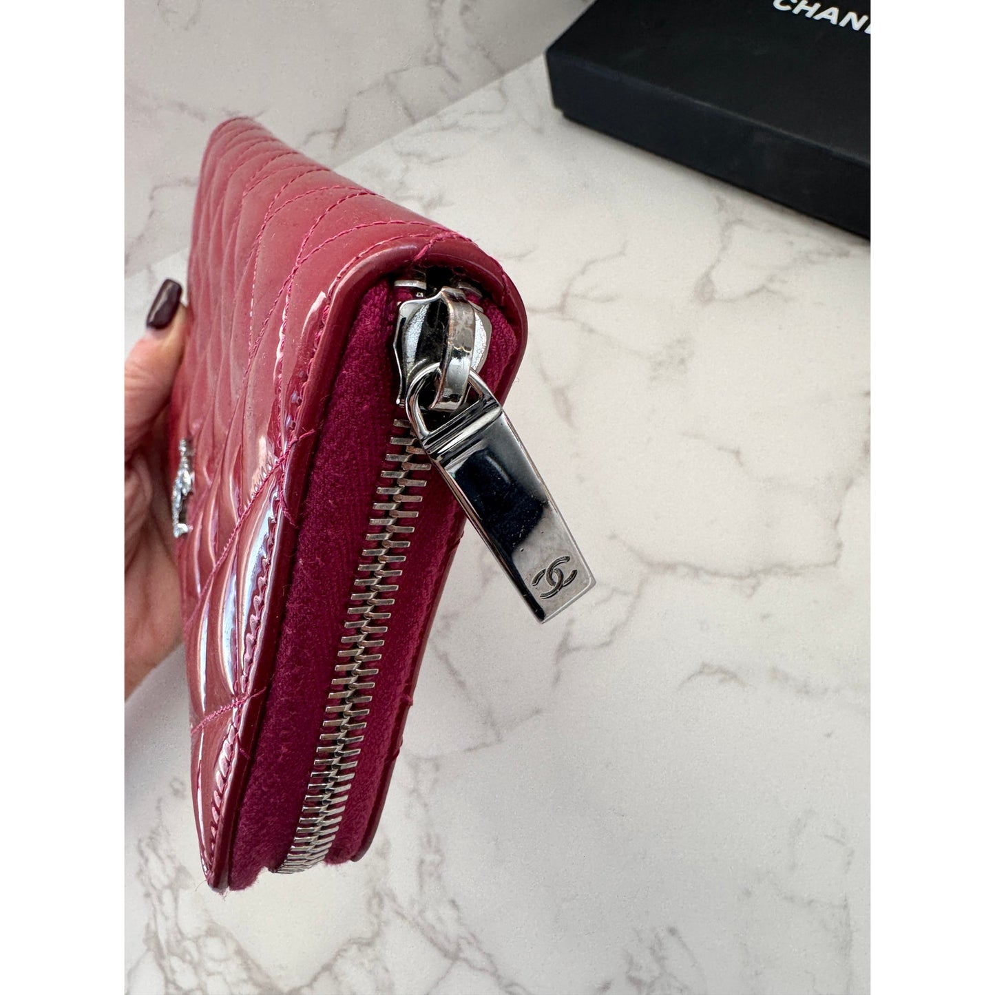Chanel Red Quilted Patent Leather Zip Around Wallet w/Silver Tone CC
