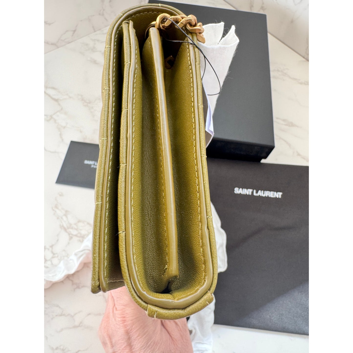 YSL Quilted Carre Cassandre Chain Wallet in Olive Green