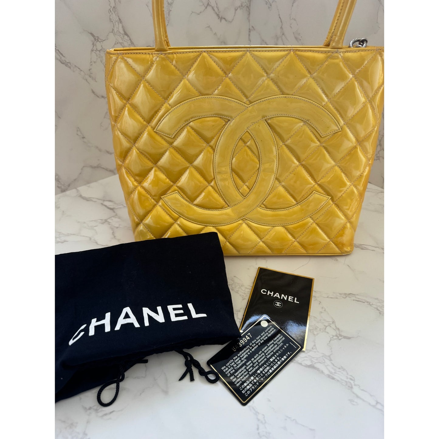 Chanel Yellow Patent Leather Medallion Tote Vintage
