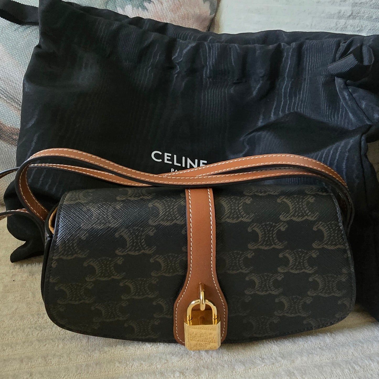 CELINE Triomphe Canvas & Calfskin Mini Tabou Clutch On Strap Bag