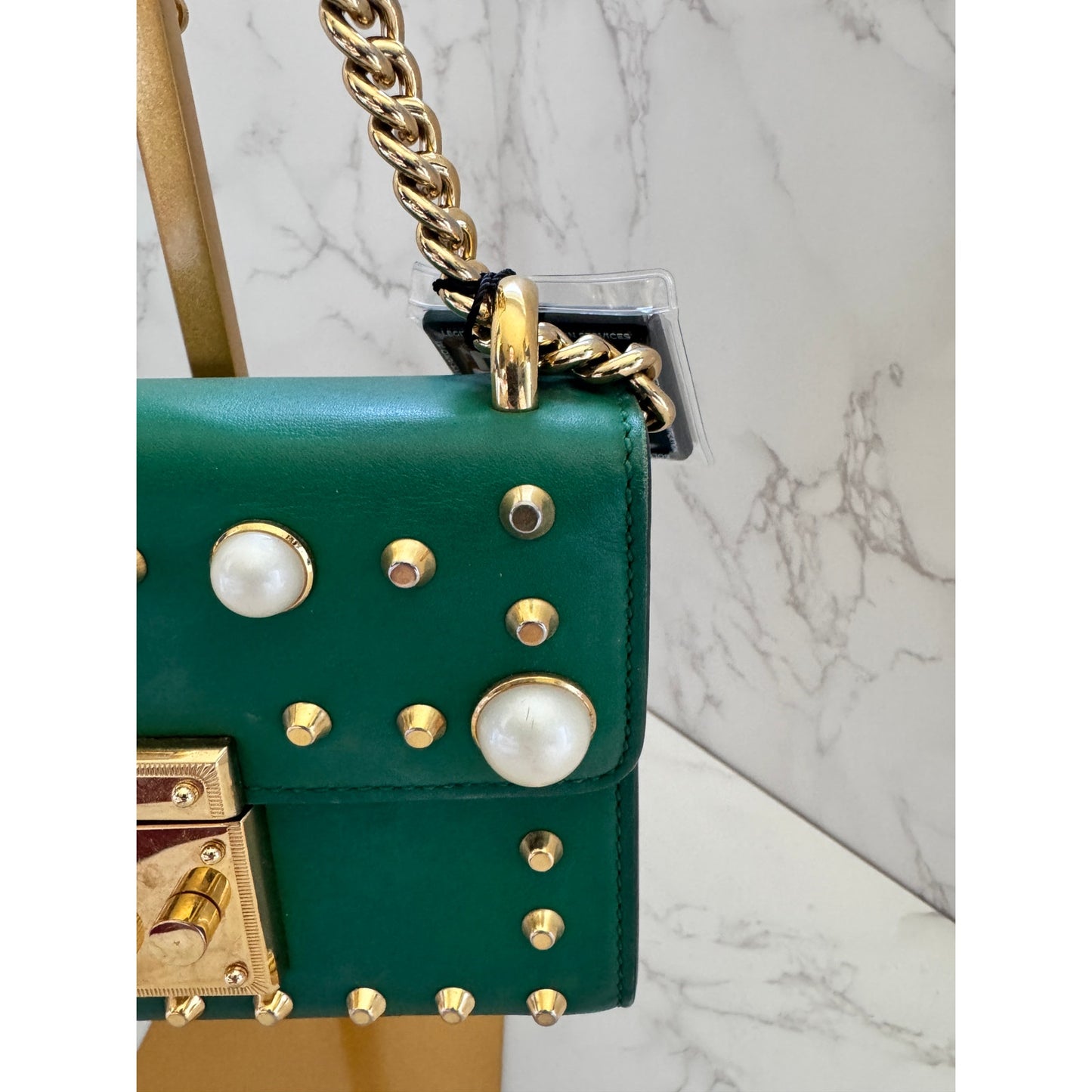 Gucci Green Pearl Studded Padlock Bag in Calfskin Leather