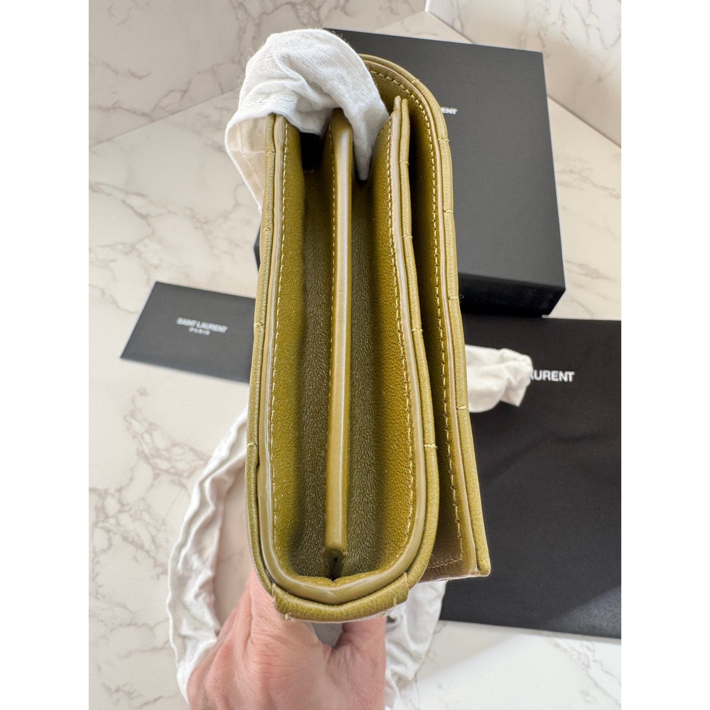 YSL Quilted Carre Cassandre Chain Wallet in Olive Green