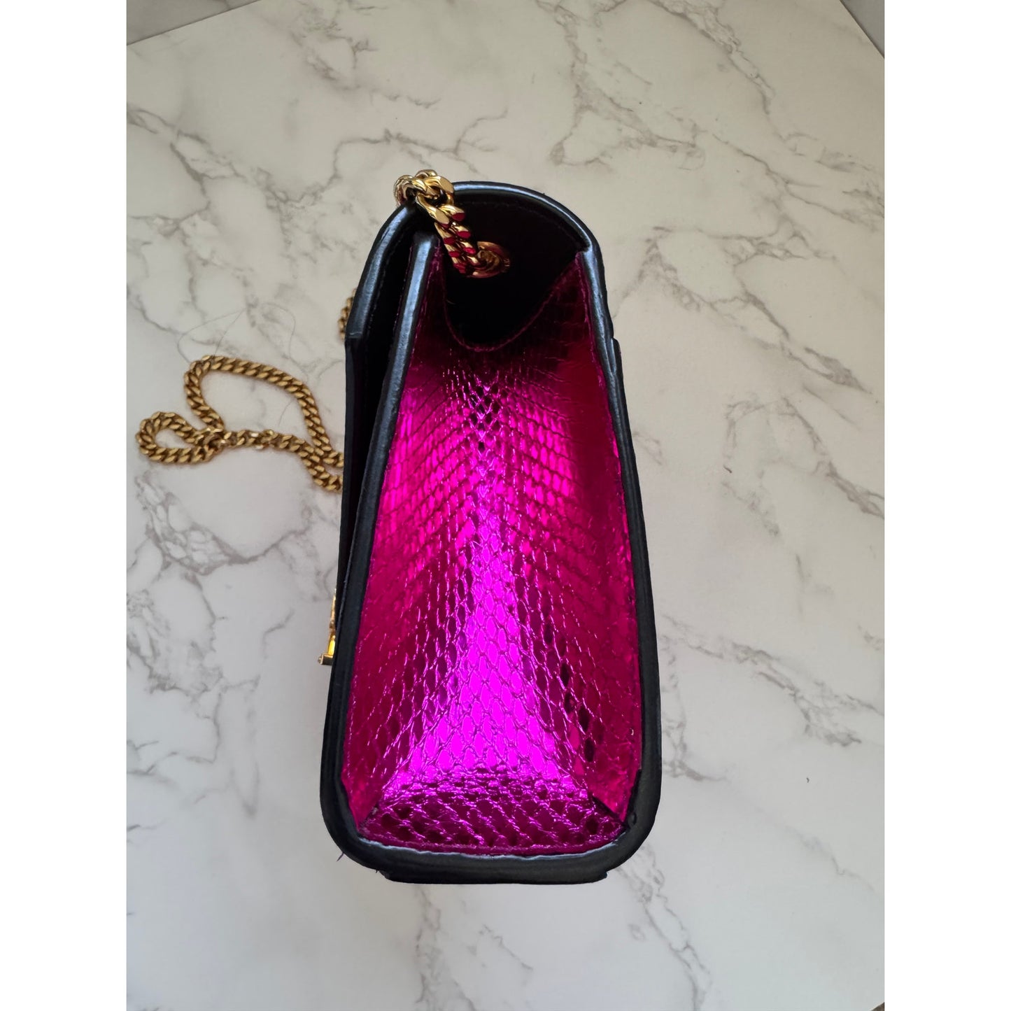 YSL Metallic Small Kate Snakeskin Fuchsia Pink Chain Crossbody, Rare!