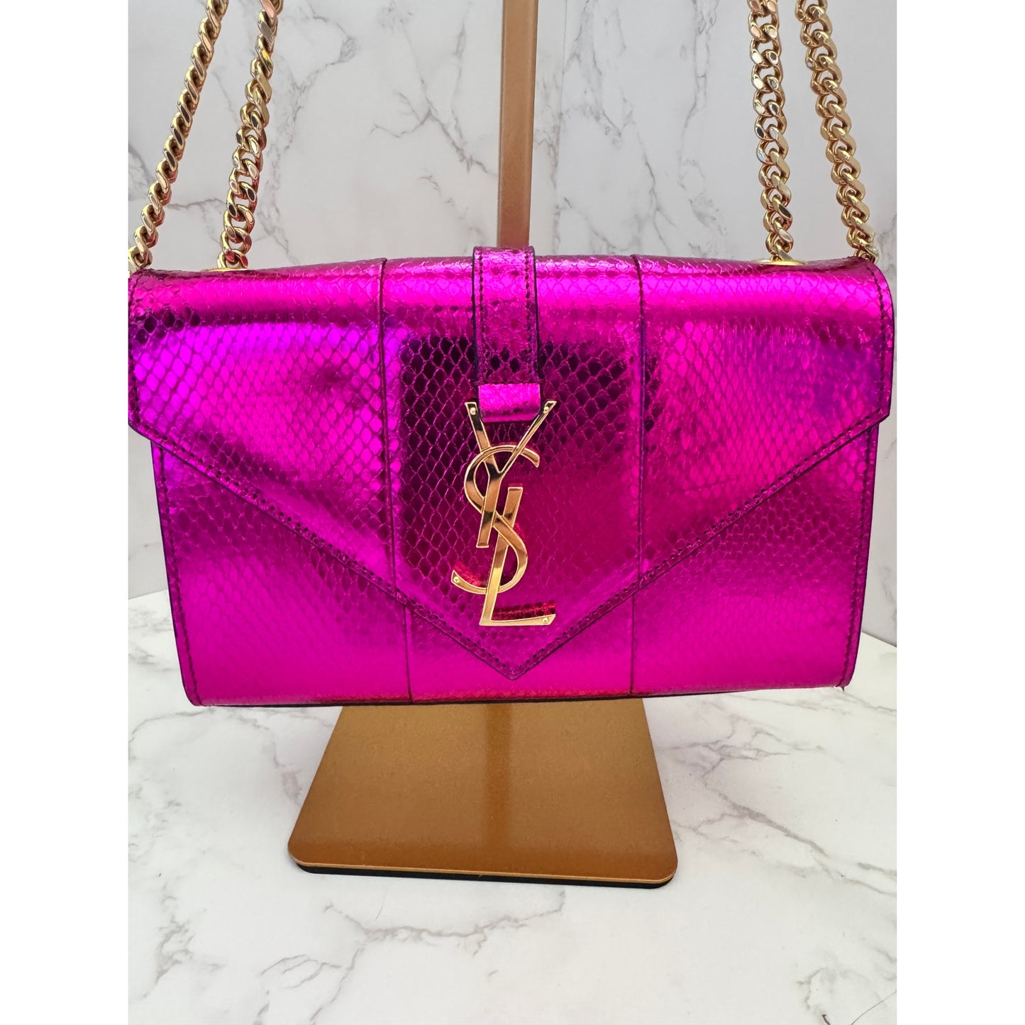 YSL Metallic Small Kate Snakeskin Fuchsia Pink Chain Crossbody, Rare!