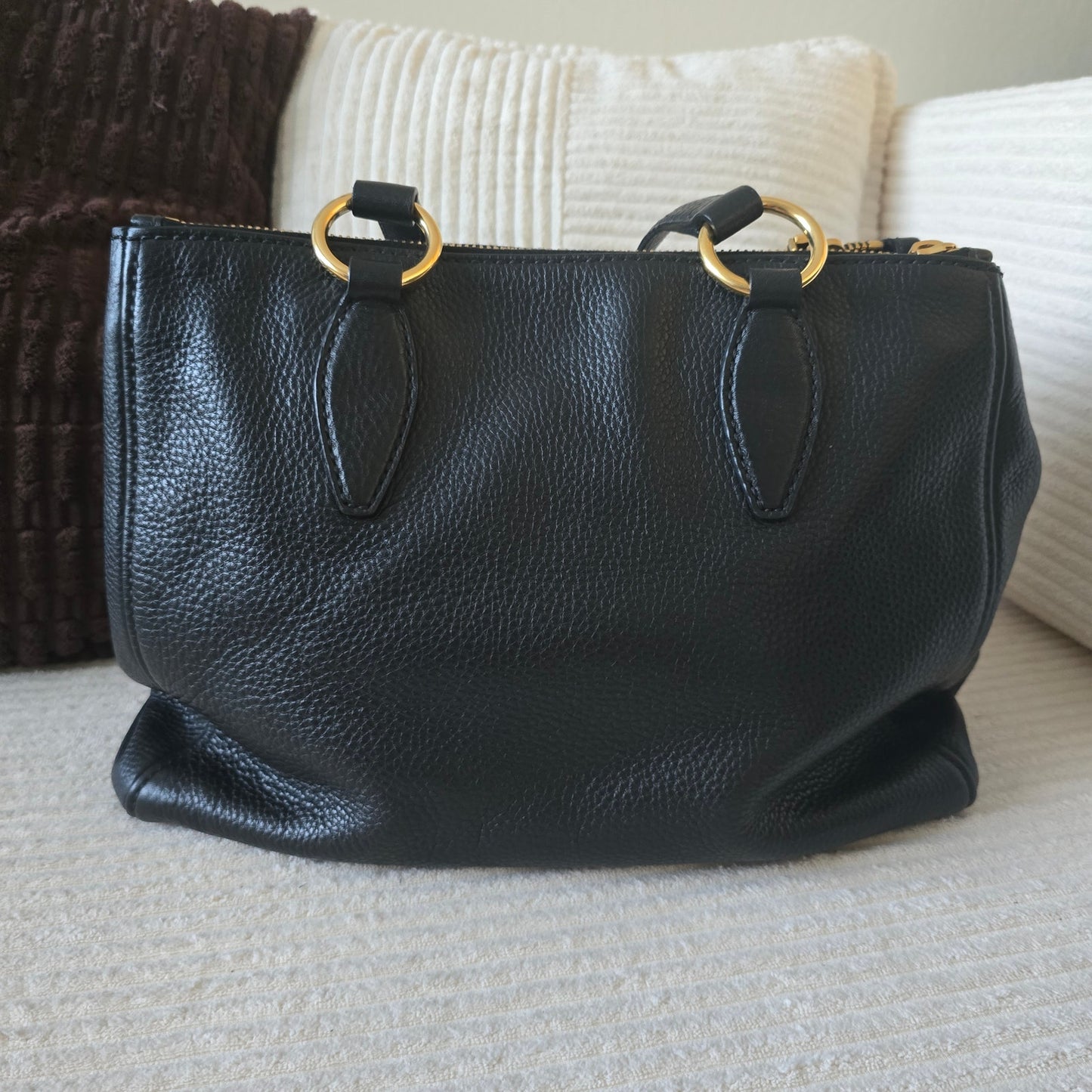 Miu Miu Black Vitello Caribu Leather Double Zip Large Tote Bag Gold