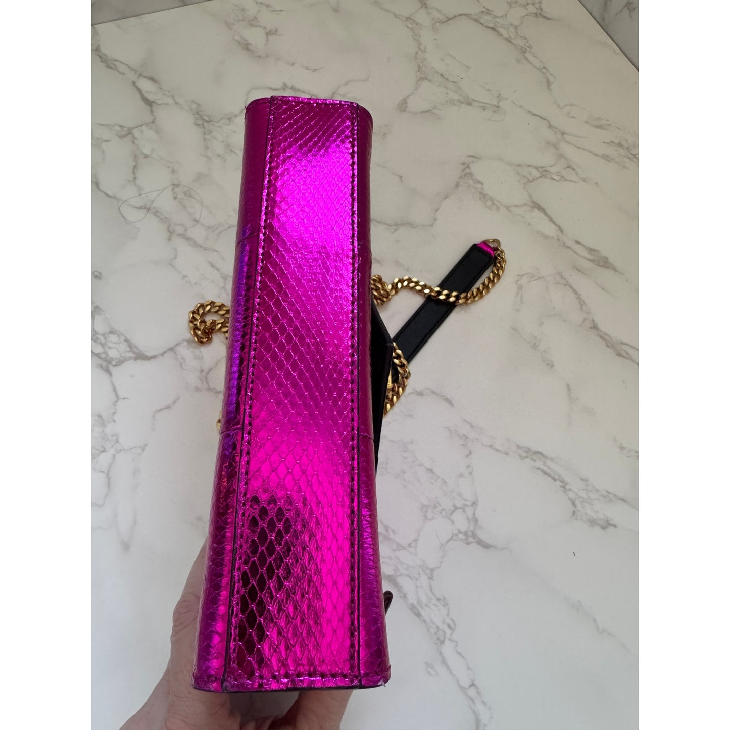YSL Metallic Small Kate Snakeskin Fuchsia Pink Chain Crossbody, Rare!