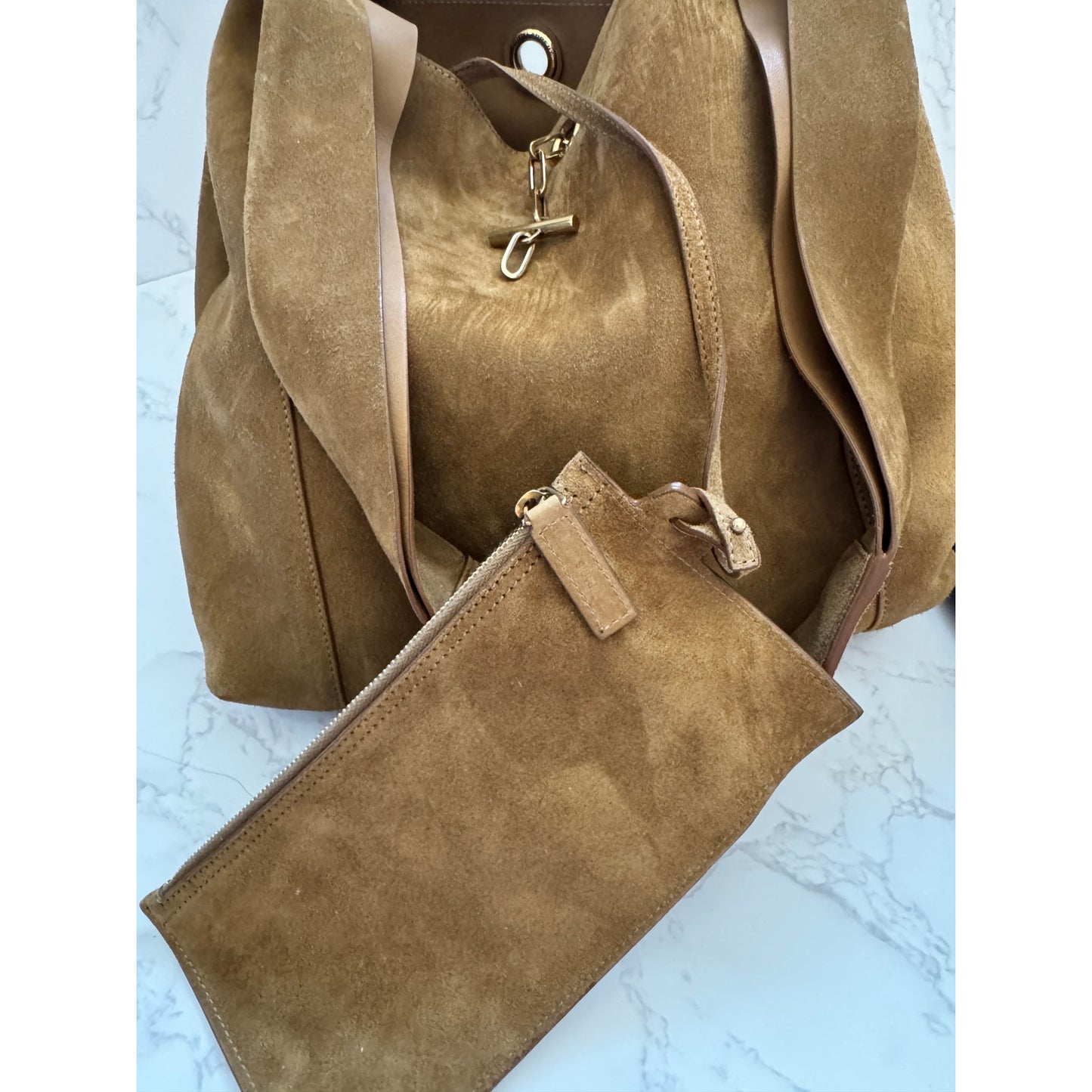 YSL Signature Tanger Bisquit Brown Suede