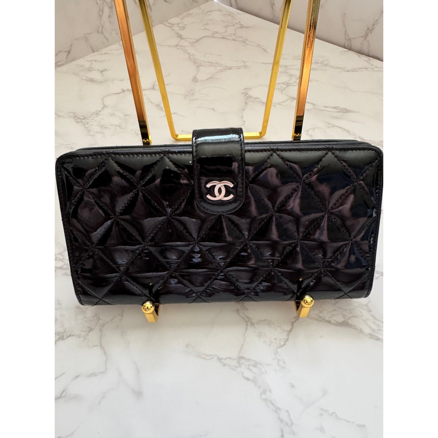 Chanel Black Quilted Patent Leather Wallet