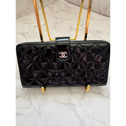 Chanel Black Quilted Patent Leather Wallet