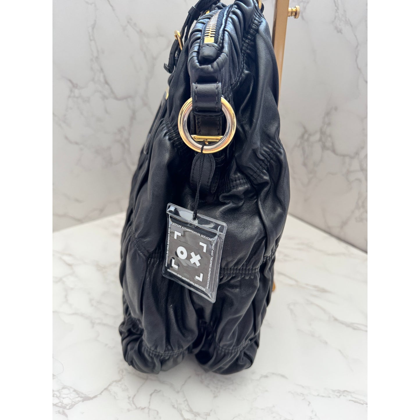 Prada Black Nappa Gaufre Ruched Leather Bag with GHW
