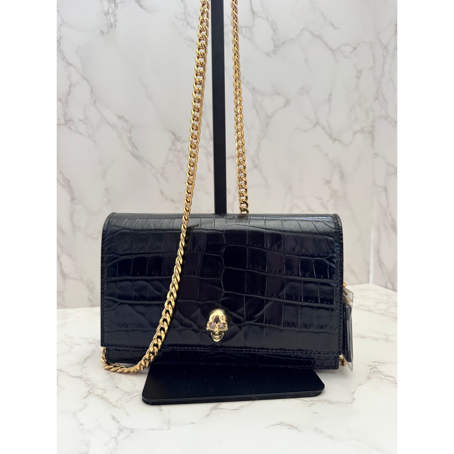 Alexander MCQueen Small Black Croc Embossed Leather Bag