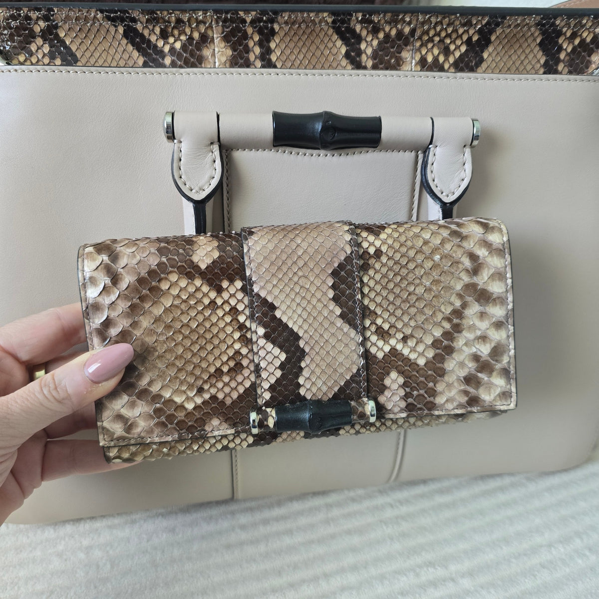 Gucci Beige Leather & Python Lady Bamboo Set + COA/Dust Bag. Like new condition