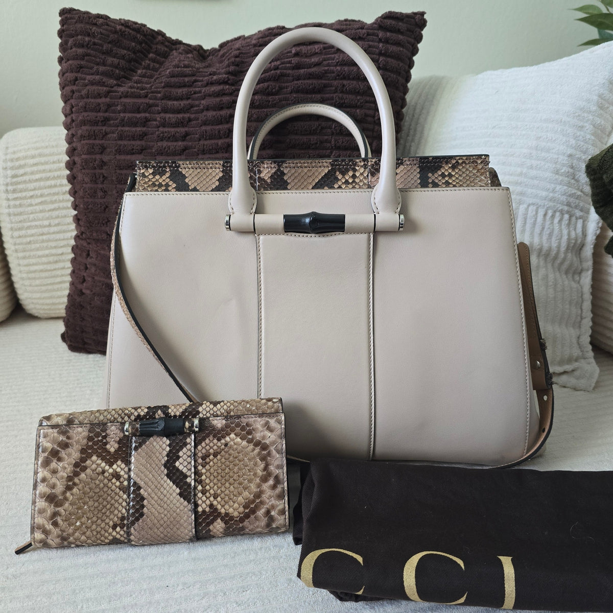 Gucci Beige Leather & Python Lady Bamboo Set + COA/Dust Bag. Like new condition
